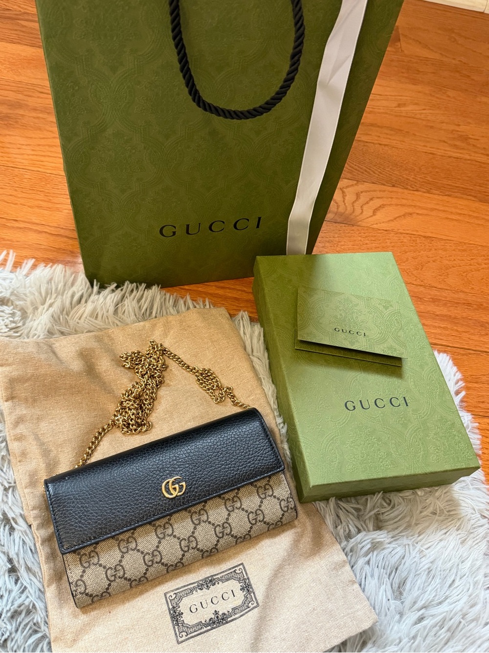 Gucci Black & Beige GG Canvas Chain Crossbody Wallet